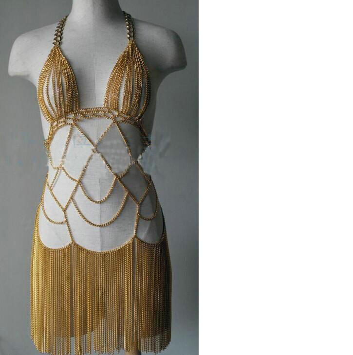 Halter Bra Lingerie Sexy Showgirl Exotic Tassel Necklace Dress Full Body Chain Jewelry - Gold
