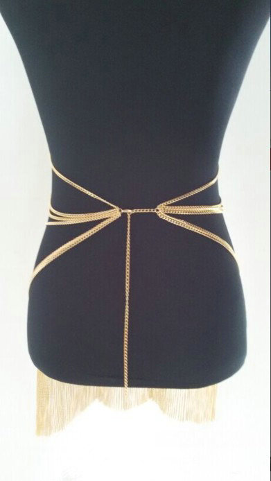 Halter Bra Lingerie Sexy Showgirl Exotic Tassel Necklace Dress Full Body Chain Jewelry - Gold