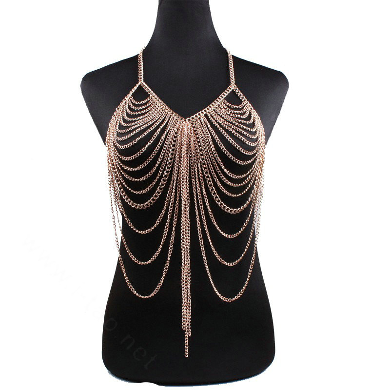 Halter Heavy Tassel Choker Necklace Exotic Bra Harness Slave Full Body Chain Jewelry - Gold