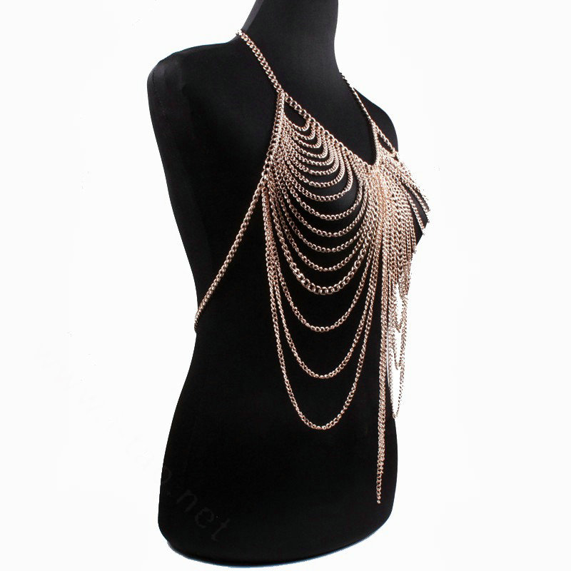 Halter Heavy Tassel Choker Necklace Exotic Bra Harness Slave Full Body Chain Jewelry - Gold