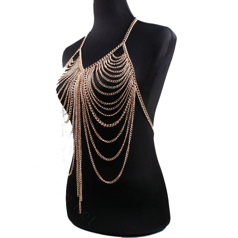 Halter Heavy Tassel Choker Necklace Exotic Bra Harness Slave Full Body Chain Jewelry - Gold