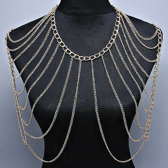 Halter Lingerie Calssic Showgirl Harness Slave Chain Shoulder Necklace Jewelry - Gold