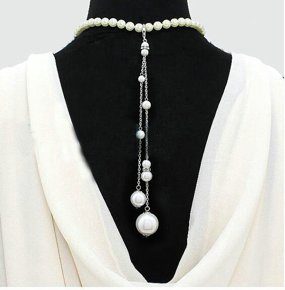 Halter Sexy Pearls Long Pendants Necklace Dinner Party Dress Decor Jewelry - Sliver