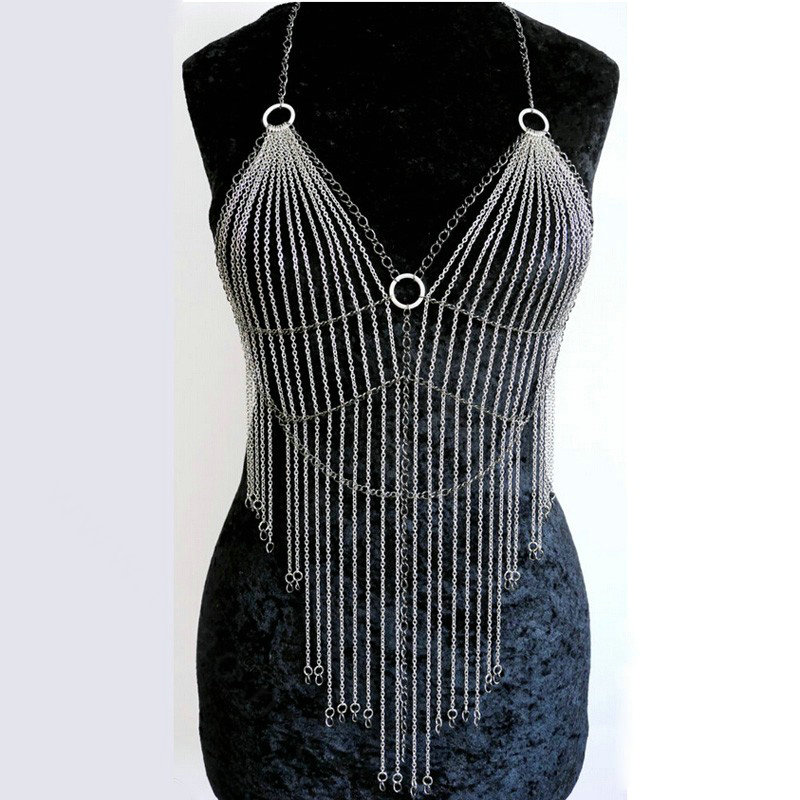 Halter Sexy Showgirl Choker Necklace Exotic Bra Harness Slave Full Body Chain Jewelry - Silver