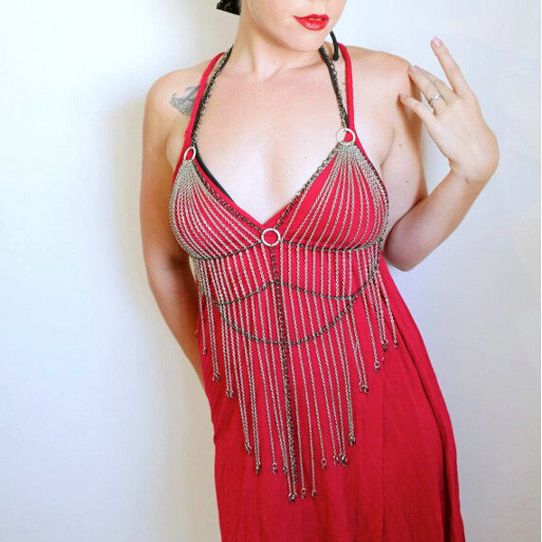 Halter Sexy Showgirl Choker Necklace Exotic Bra Harness Slave Full Body Chain Jewelry - Silver