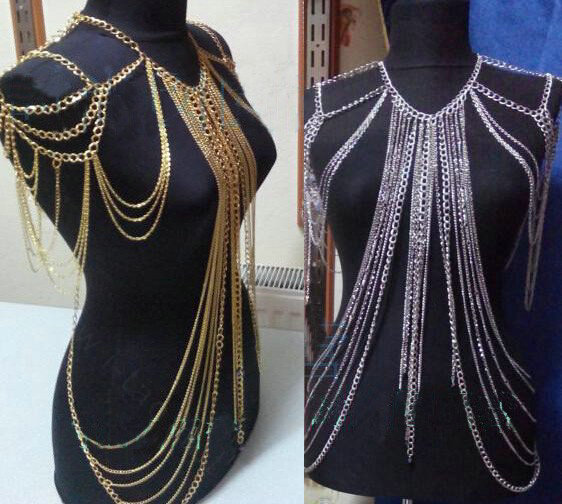 Halter Sexy Showgirl Shoulder Necklace Harness Slave Full Body Chain Jewelry - Gold