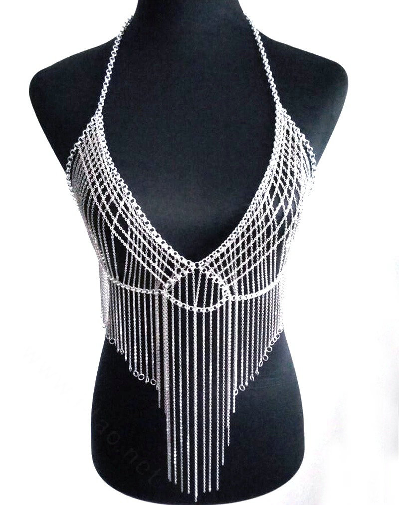Halter Sexy Tassel Choker Necklace Exotic Bra Harness Slave Full Body Chain Jewelry - Gold