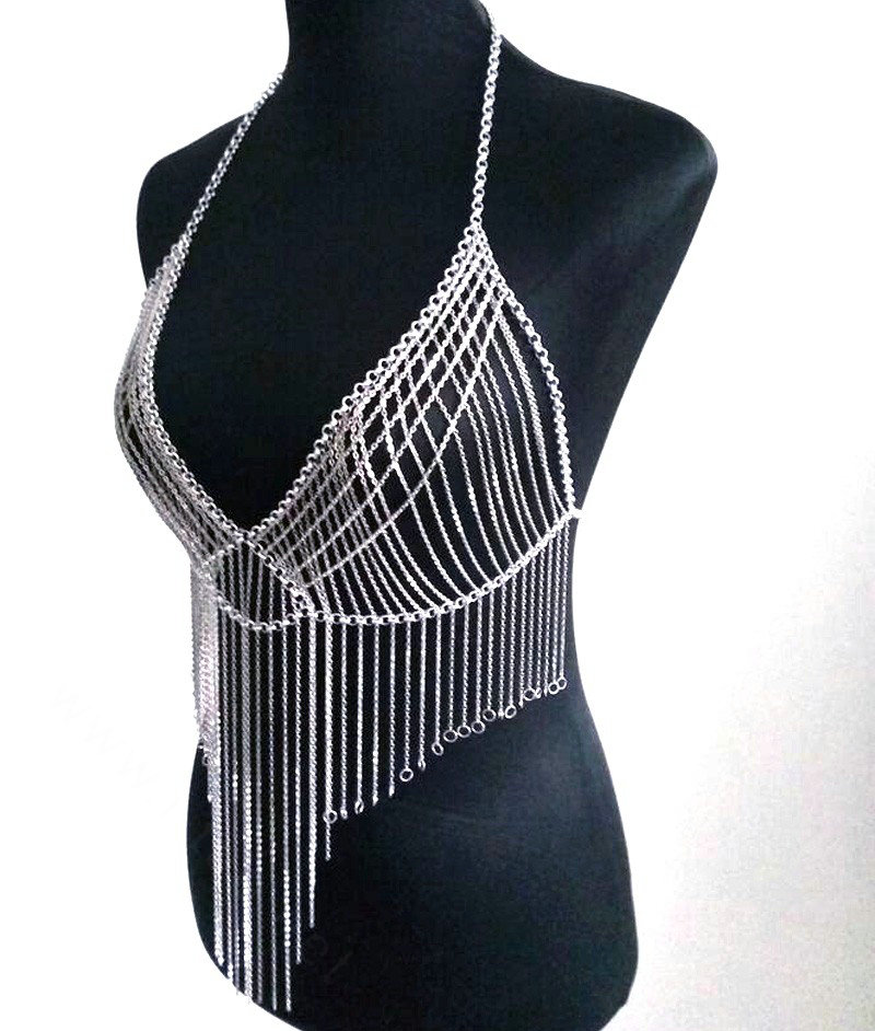 Halter Sexy Tassel Choker Necklace Exotic Bra Harness Slave Full Body Chain Jewelry - Gold