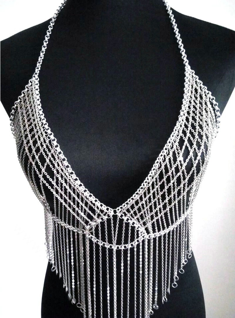 Halter Sexy Tassel Choker Necklace Exotic Bra Harness Slave Full Body Chain Jewelry - Gold