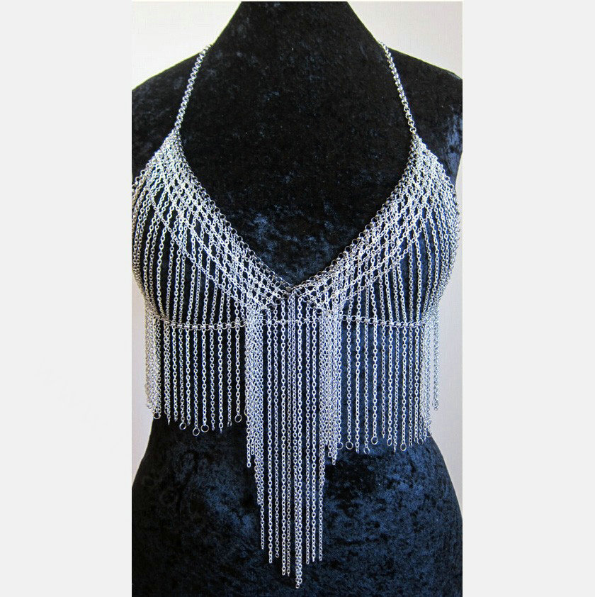 Halter Sexy Tassel Choker Necklace Exotic Bra Harness Slave Full Body Chain Jewelry - Sliver