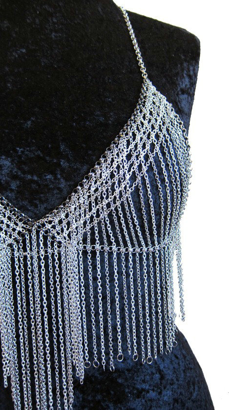 Halter Sexy Tassel Choker Necklace Exotic Bra Harness Slave Full Body Chain Jewelry - Sliver