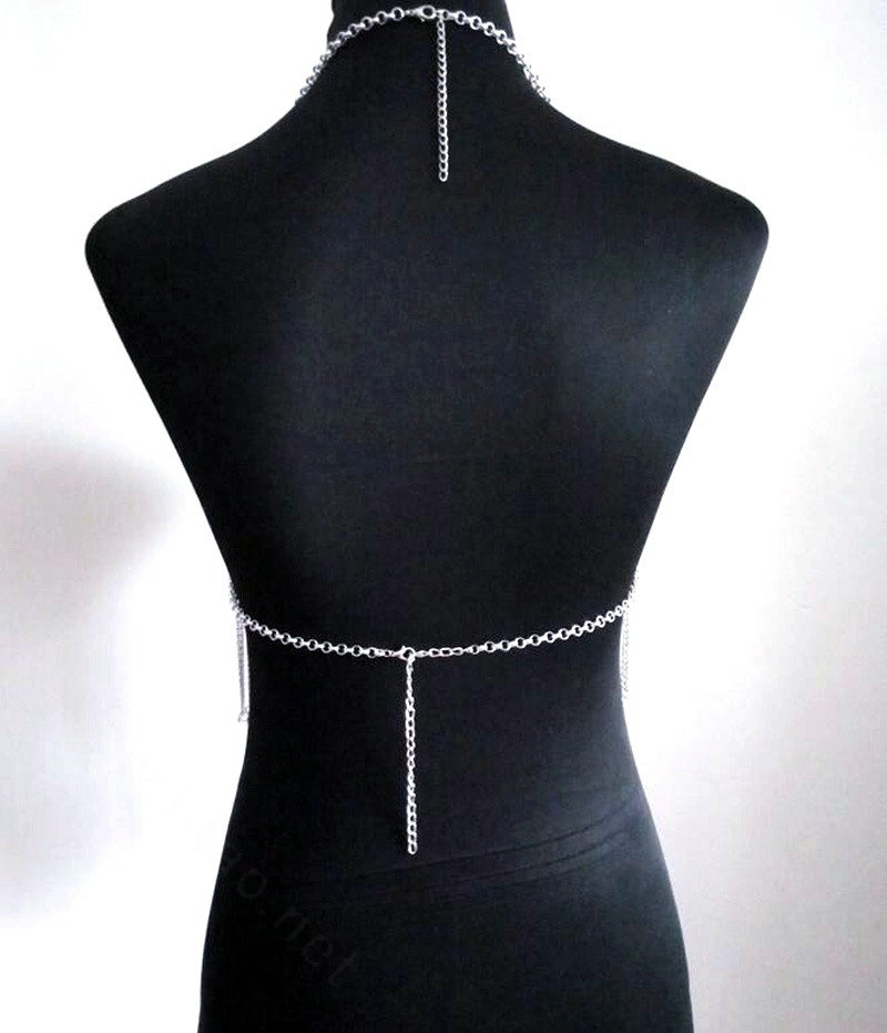 Halter Sexy Tassel Choker Necklace Exotic Bra Harness Slave Full Body Chain Jewelry - Sliver