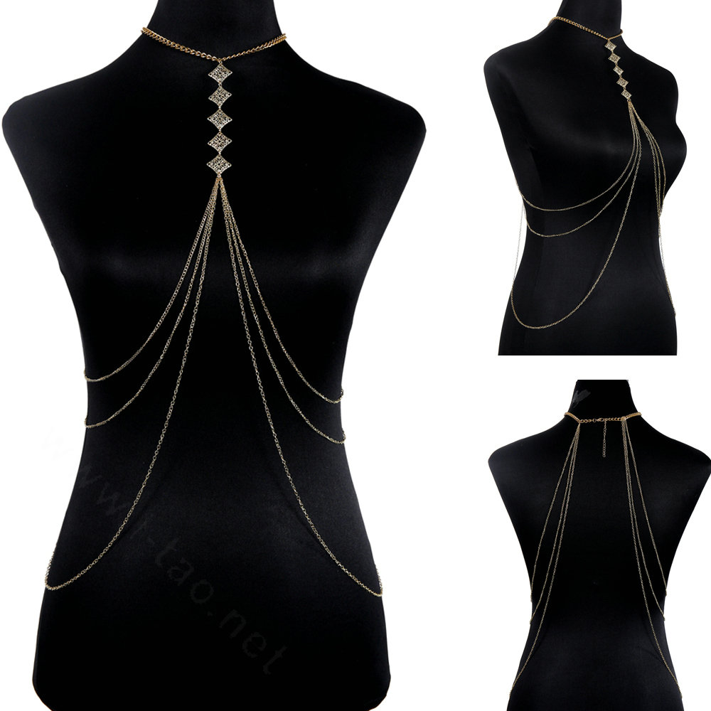 Halter Simple Showgirl Choker Necklace Exotic Bra Harness Slave Full Body Chain Jewelry - Gold