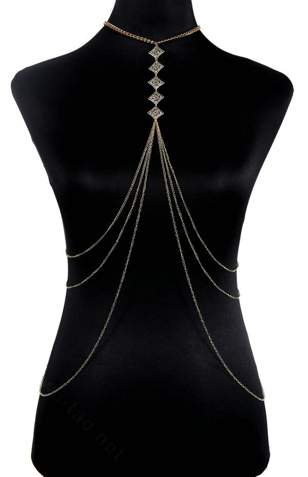 Halter Simple Showgirl Choker Necklace Exotic Bra Harness Slave Full Body Chain Jewelry - Gold