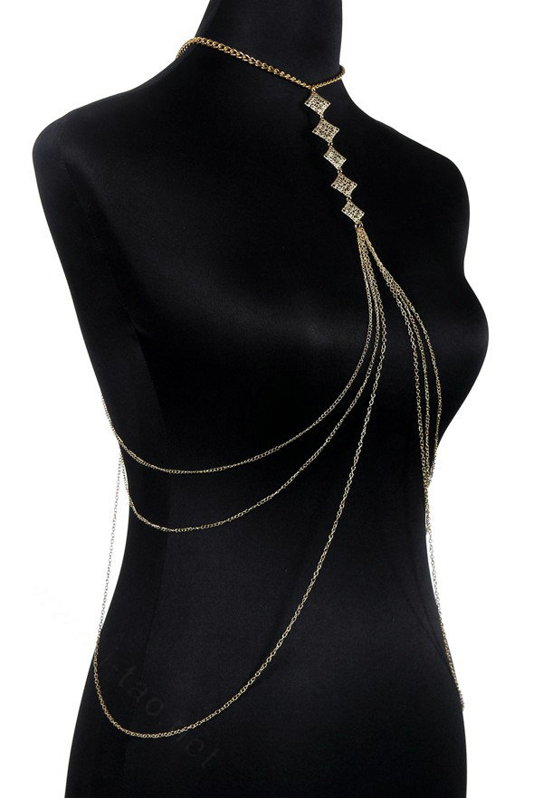 Halter Simple Showgirl Choker Necklace Exotic Bra Harness Slave Full Body Chain Jewelry - Gold