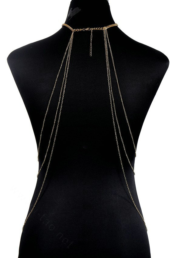 Halter Simple Showgirl Choker Necklace Exotic Bra Harness Slave Full Body Chain Jewelry - Gold