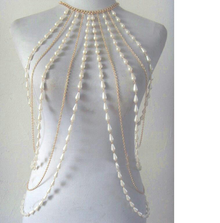 Hot Fashion Women Full Body Chain Pearl Choker Necklace Slave Belly Harness Jewelry - Gold