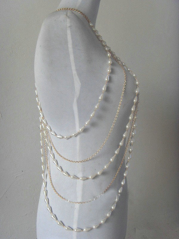 Hot Fashion Women Full Body Chain Pearl Choker Necklace Slave Belly Harness Jewelry - Gold