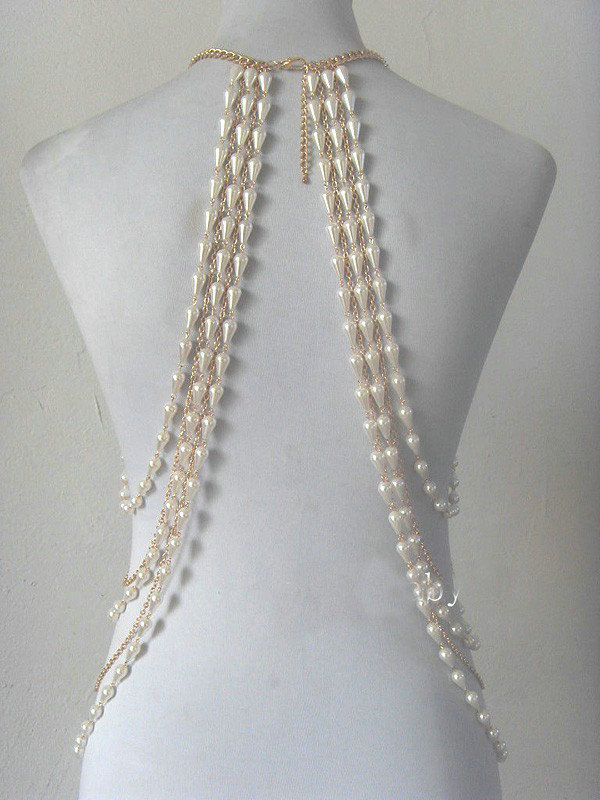 Hot Fashion Women Full Body Chain Pearl Choker Necklace Slave Belly Harness Jewelry - Gold