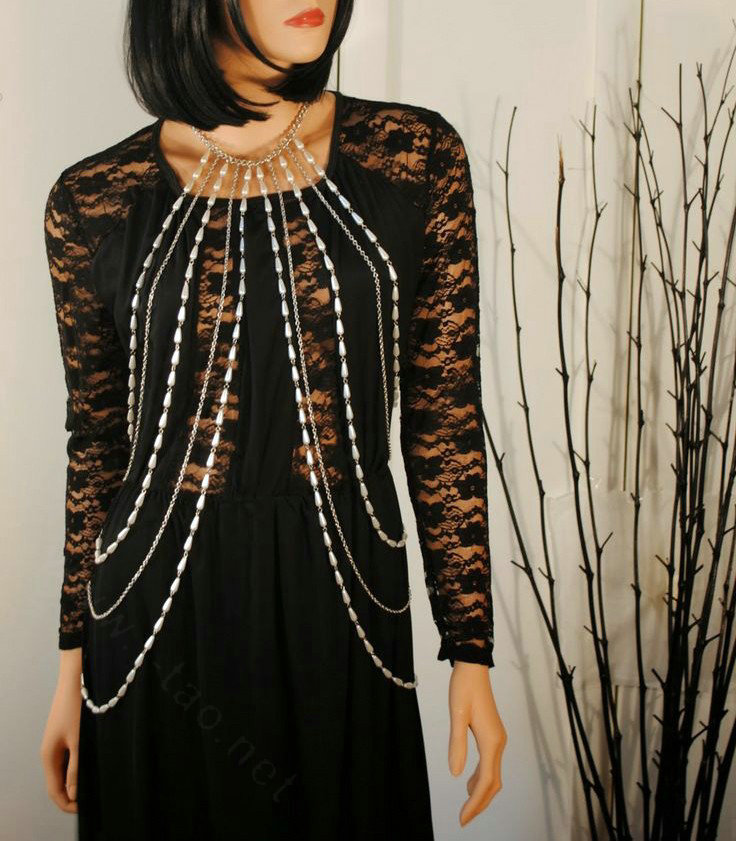 Hot Fashion Women Full Body Chain Pearl Choker Necklace Slave Belly Harness Jewelry - Silver