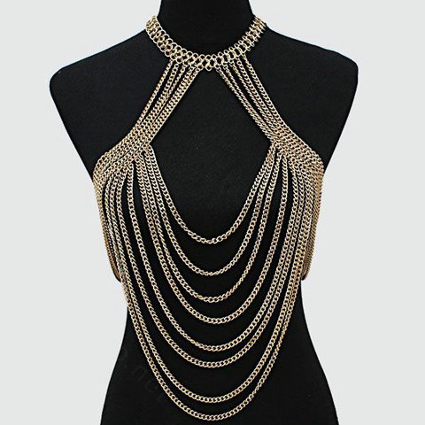 Hot Sexy Body Chain Alloy Bargirl Bikini Bra Slave Harness Long Bib Necklace Jewelry - Gold