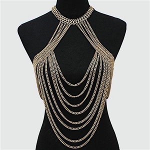 Hot Sexy Body Chain Alloy Bargirl Bikini Bra Slave Harness Long Bib Necklace Jewelry - Gold