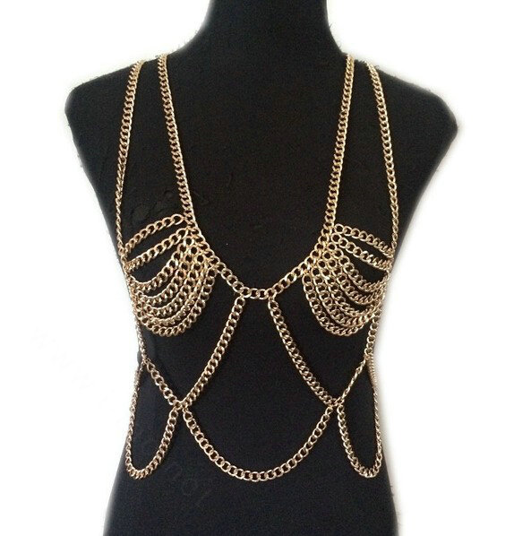 Hot Sexy Body Chain Alloy Bargirl Harness Bra Slave Harness Long Necklace Jewelry - Gold
