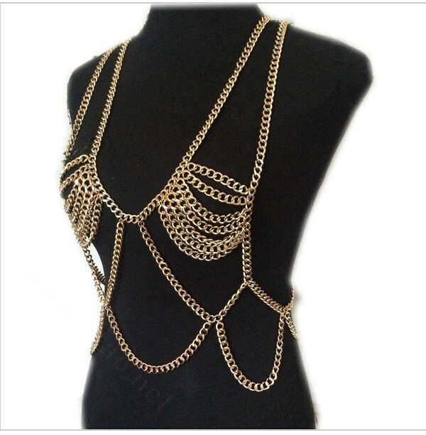 Hot Sexy Body Chain Alloy Bargirl Harness Bra Slave Harness Long Necklace Jewelry - Gold