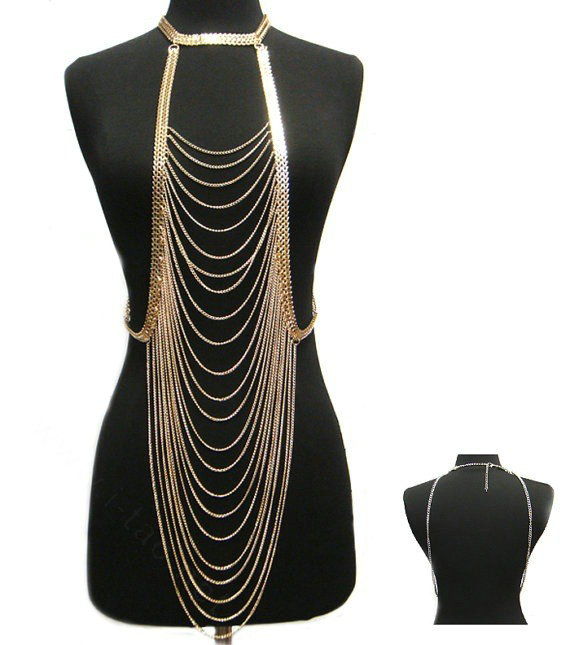 Hot Sexy Body Chain Alloy Punk Bikini Bra Slave Harness Long Bib Necklace Jewelry - Gold