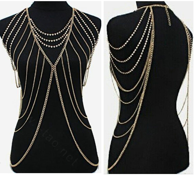 Hot Women Sexy Body Chain Alloy Party Evening Dress Decor Long Necklace Jewelry - Gold