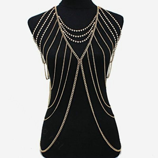 Hot Women Sexy Body Chain Alloy Party Evening Dress Decor Long Necklace Jewelry - Gold