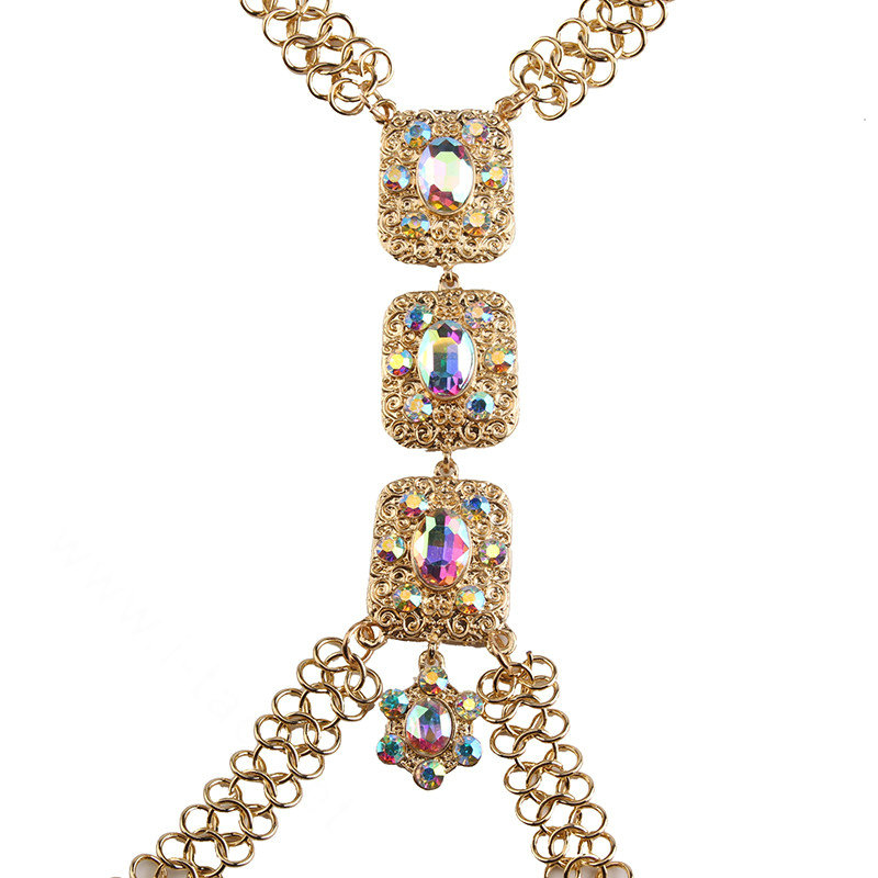 Luxury Banquet Crystal Flower Belly Body Chain Bikini Beach Decro Necklace Jewelry - Colorful