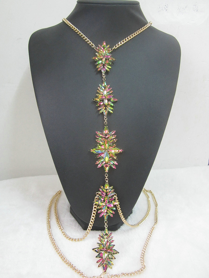 Luxury Banquet Diamonds Flower Belly Body Chain Bikini Beach Decro Necklace Jewelry - Colorful