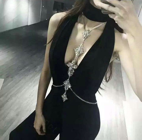 Luxury Banquet Diamonds Flower Belly Body Chain Bikini Beach Decro Necklace Jewelry - Gun black