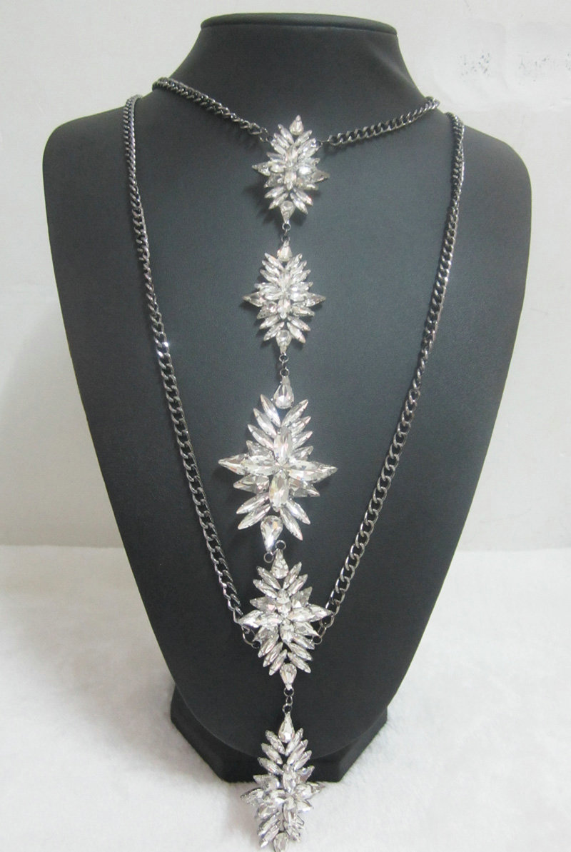 Luxury Banquet Diamonds Flower Belly Body Chain Bikini Beach Decro Necklace Jewelry - Gun black