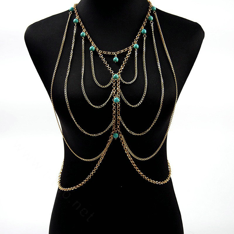 Luxury Belly Waist Body Chain Beach Bikini Punk Harness Slave Halter Necklace - Blue