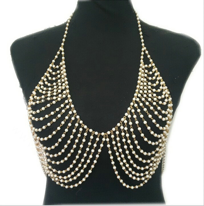 Luxury Bra Body Chain Beach Bikini Decro Pearl Pendant Necklace Jewelry - Gold