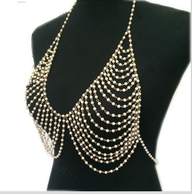 Luxury Bra Body Chain Beach Bikini Decro Pearl Pendant Necklace Jewelry - Gold