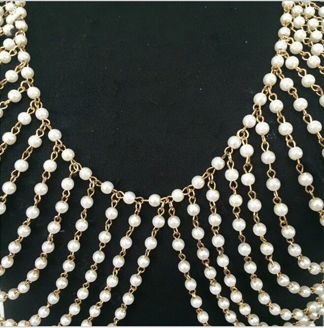 Luxury Bra Body Chain Beach Bikini Decro Pearl Pendant Necklace Jewelry - Gold