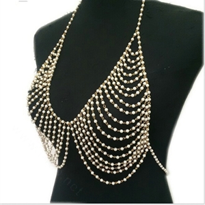 Luxury Bra Body Chain Beach Bikini Decro Pearl Pendant Necklace Jewelry - Sliver