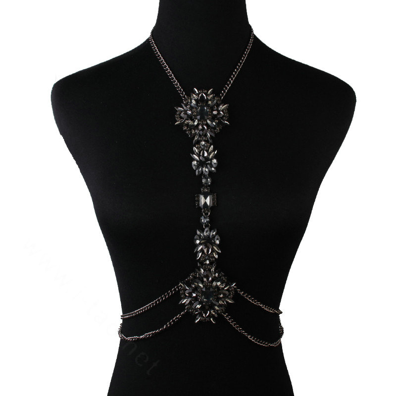 Luxury Crystal Flower Belly Body Chain Dinner Party Decro Pendant Necklace Jewelry - Black