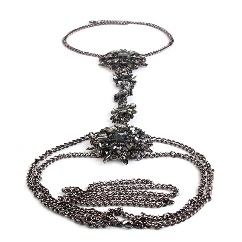 Luxury Crystal Flower Belly Body Chain Dinner Party Decro Pendant Necklace Jewelry - Black