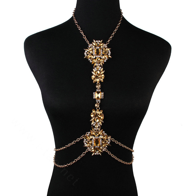 Luxury Crystal Flower Belly Body Chain Dinner Party Decro Pendant Necklace Jewelry - Champagne
