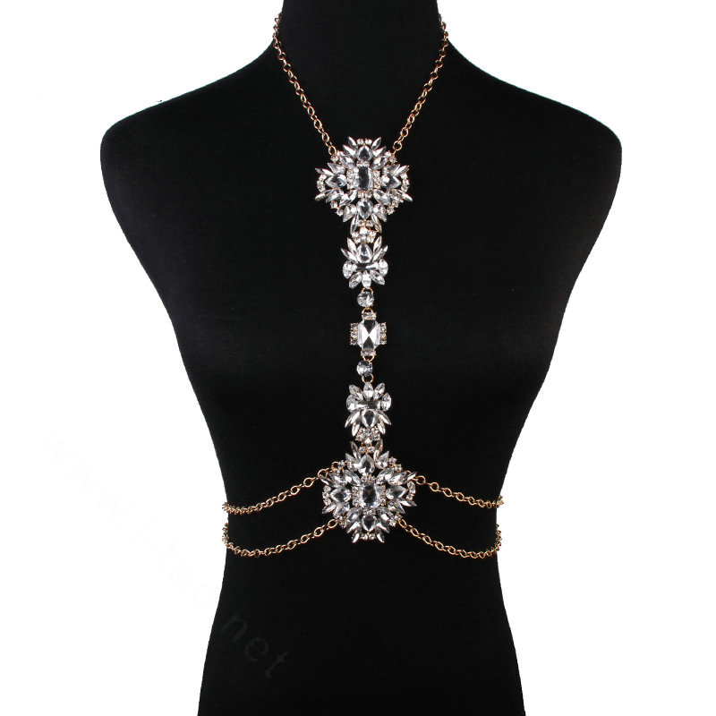 Luxury Crystal Flower Belly Body Chain Dinner Party Decro Pendant Necklace Jewelry - White