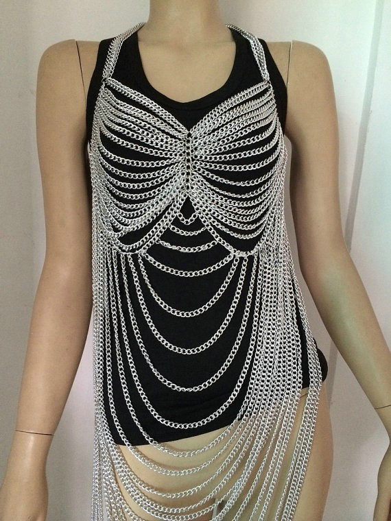 Luxury Full Belly Waist Body Chain Halter Bra Lingerie Dress Decor Necklace Jewelry - Sliver