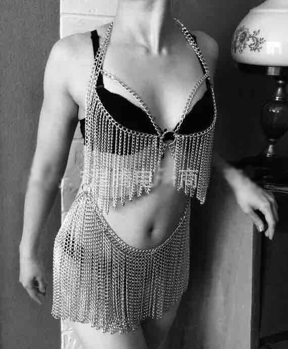 Luxury Full Body Chain Long Tassel Metal Bra V Necklaces Nightclub Showgirl Jewelry - Sliver