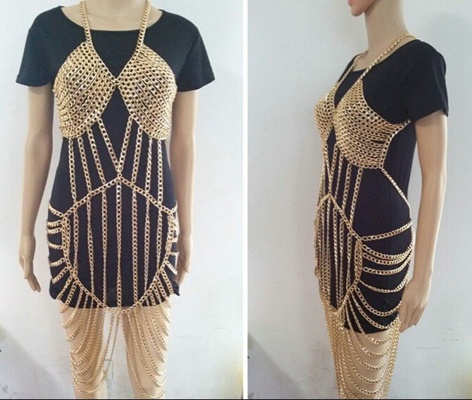 Luxury Full Body Chain Nightclub Showgirl Sexy Halter Bra Lingerie Long Necklace Jewelry - Gold