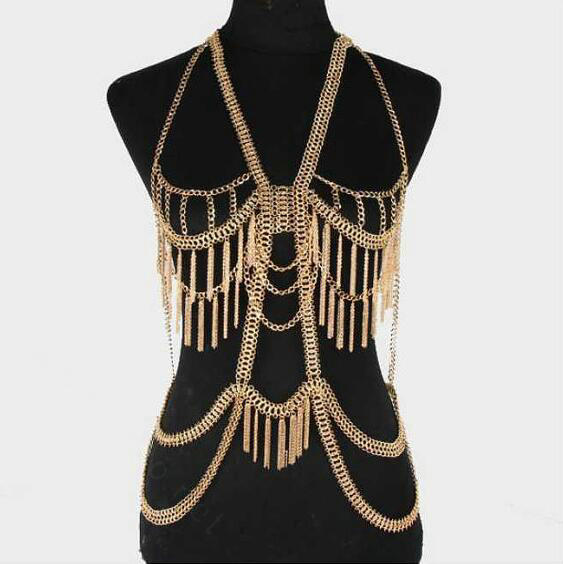 Luxury Full Body Chains Long Tassel Metal V Necklaces Nightclub Showgirl Jewelry - Gold