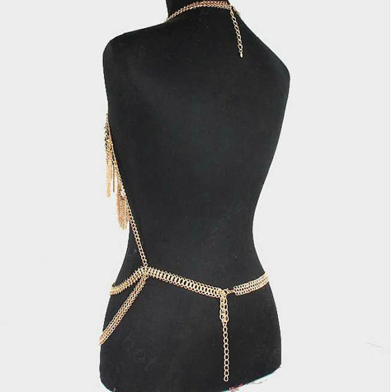 Luxury Full Body Chains Long Tassel Metal V Necklaces Nightclub Showgirl Jewelry - Gold