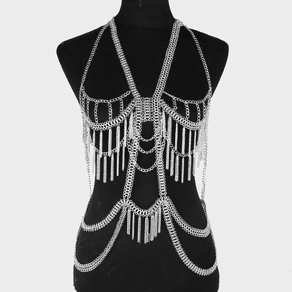 Luxury Full Body Chains Long Tassel Metal V Necklaces Nightclub Showgirl Jewelry - Sliver